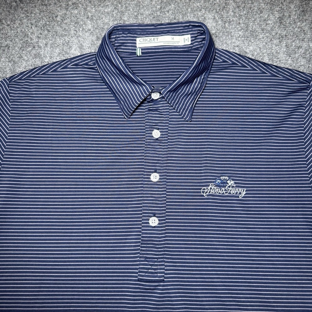 Criquet Stono Ferry Polo Shirt Men M Blue Short Sleeve Striped Collared Neckline